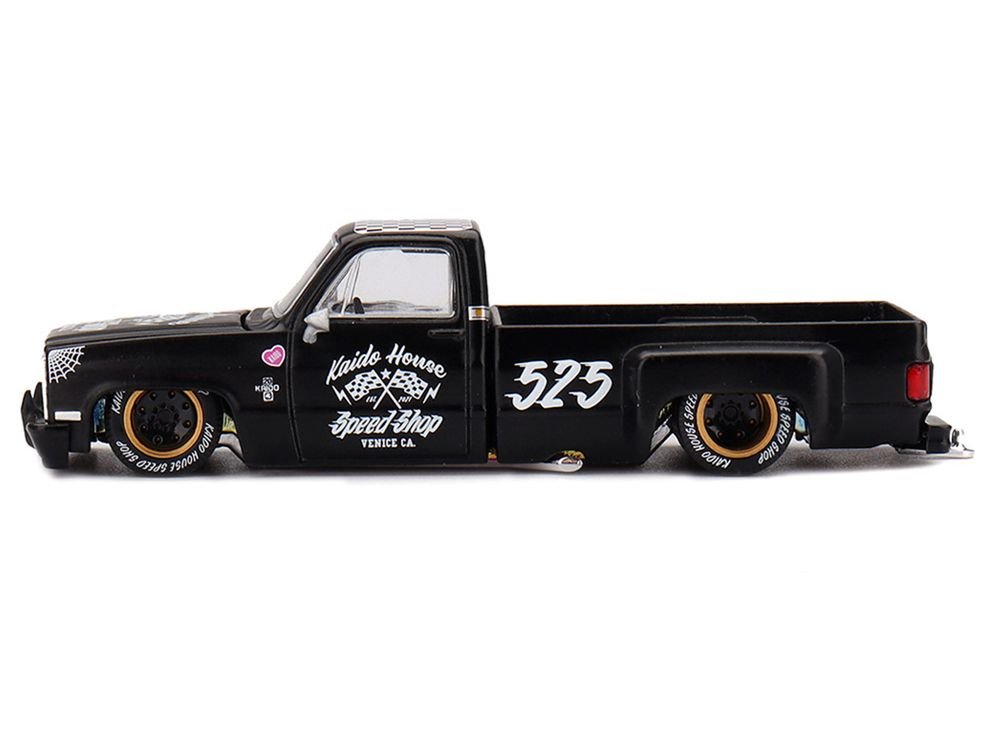 Chevrolet Silverado Dually Pickup Truck "Hot Rod V1" Matt Black with Checkered Top and Graphics (Designed by Jun Imai) "Kaido House" Special 1/64 Diecast Model Car by Mini GT view 3