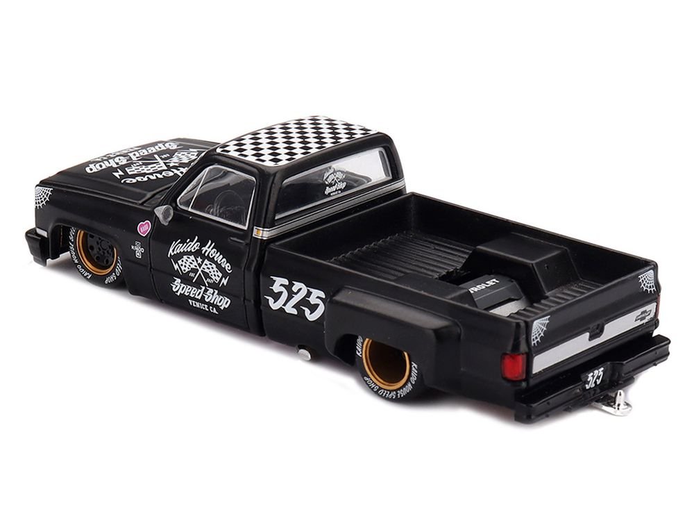 Chevrolet Silverado Dually Pickup Truck "Hot Rod V1" Matt Black with Checkered Top and Graphics (Designed by Jun Imai) "Kaido House" Special 1/64 Diecast Model Car by Mini GT view 4