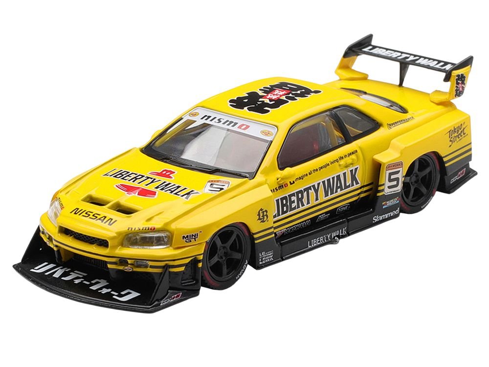 Nissan LB-ER34 Super Silhouette Skyline RHD (Right Hand Drive) #5 Sport Yellow with Graphics Limited Edition 1/64 Diecast Model Car by Mini GT view 2