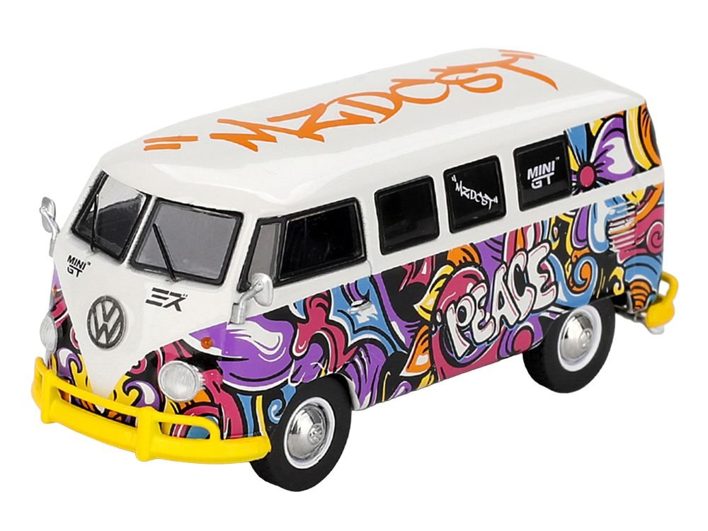 Volkswagen T1 Microbus "Mizu Design" White with Graffiti Graphics Limited Edition 1/64 Diecast Model Car by Mini GT view 2
