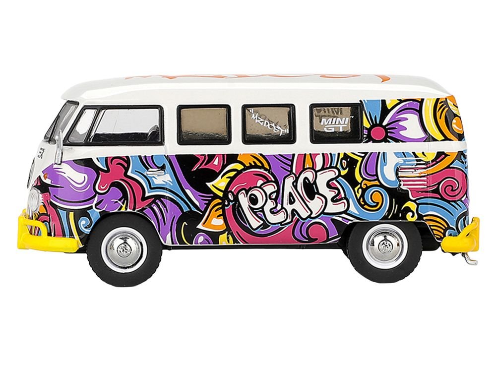 Volkswagen T1 Microbus "Mizu Design" White with Graffiti Graphics Limited Edition 1/64 Diecast Model Car by Mini GT view 3