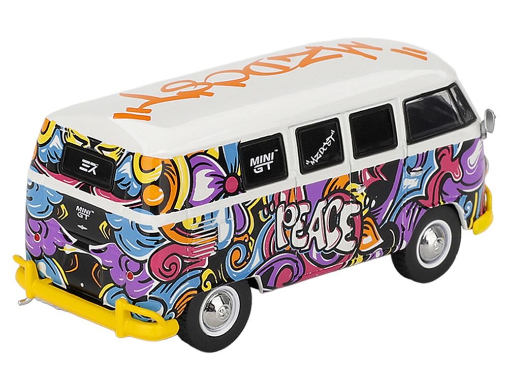 Volkswagen T1 Microbus "Mizu Design" White with Graffiti Graphics Limited Edition 1/64 Diecast Model Car by Mini GT view 4