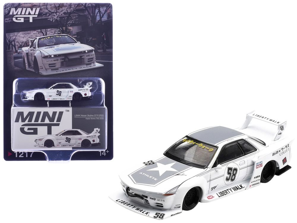 Nissan Skyline GT-R (R32) RHD (Right Hand Drive) #58 "Kaido Works" White with Gray Graphics "Tokyo Auto Salon 2025" Limited Edition 1/64 Diecast Model Car by Mini GT