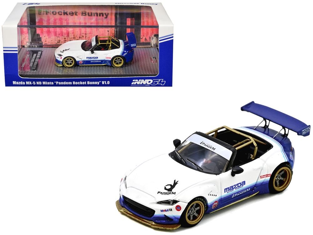 Mazda MX-5 ND Miata "Pandem Rocket Bunny" V1.0 White and Blue 1/64 Diecast Model Car by Inno Models