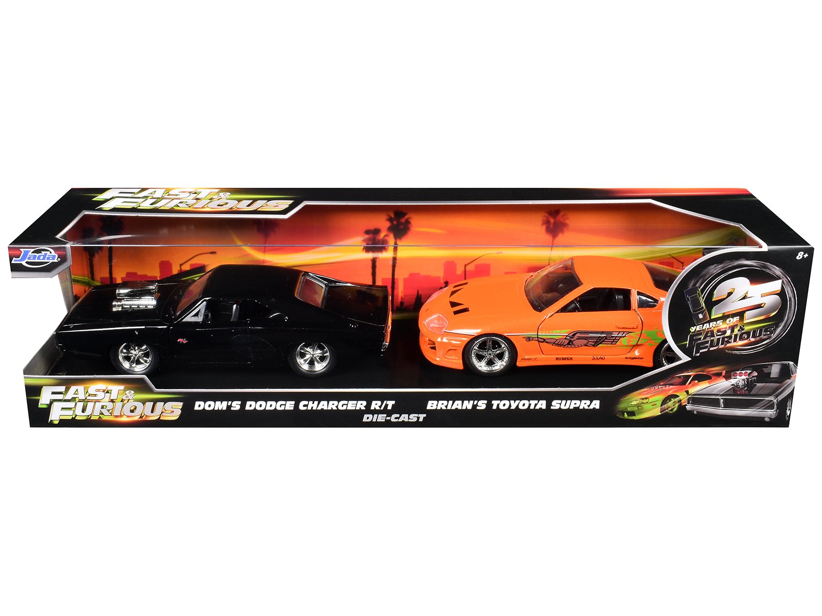 Dom's Dodge Charger R/T Black and Brian's Toyota Supra Orange Set of 2 pieces "25 Years of Fast & Furious" Series 1/32 Diecast Model Cars by Jada view 3