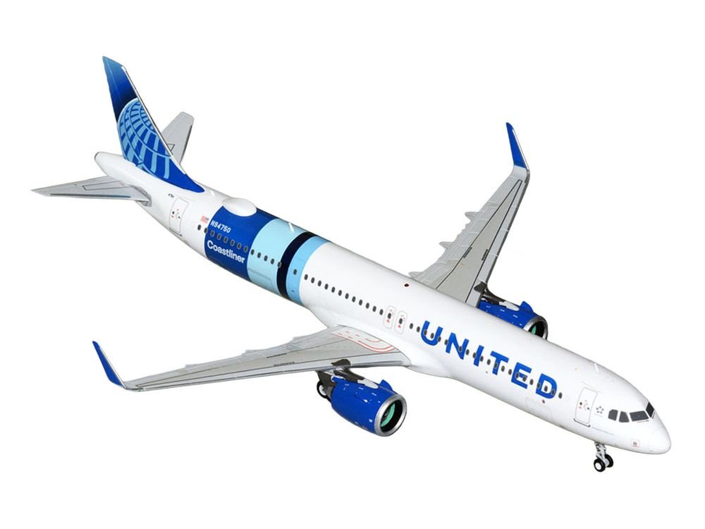 Airbus A321neo Commercial Aircraft "United Airlines Coastliner" (N94750) White with Blue Stripes "Gemini 200" Series 1/200 Diecast Model Airplane by GeminiJets view 2