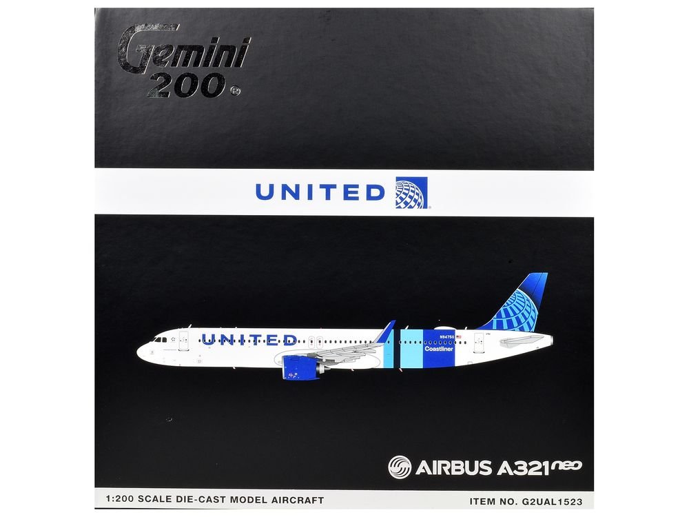 Airbus A321neo Commercial Aircraft "United Airlines Coastliner" (N94750) White with Blue Stripes "Gemini 200" Series 1/200 Diecast Model Airplane by GeminiJets view 3