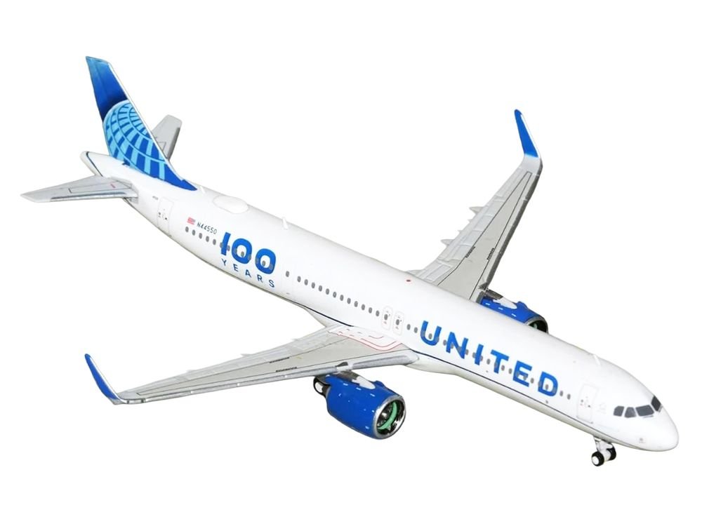 Airbus A321neo Commercial Aircraft "United Airlines 100 Years" (N44550) White with Blue Tail 1/400 Diecast Model Airplane by GeminiJets view 2