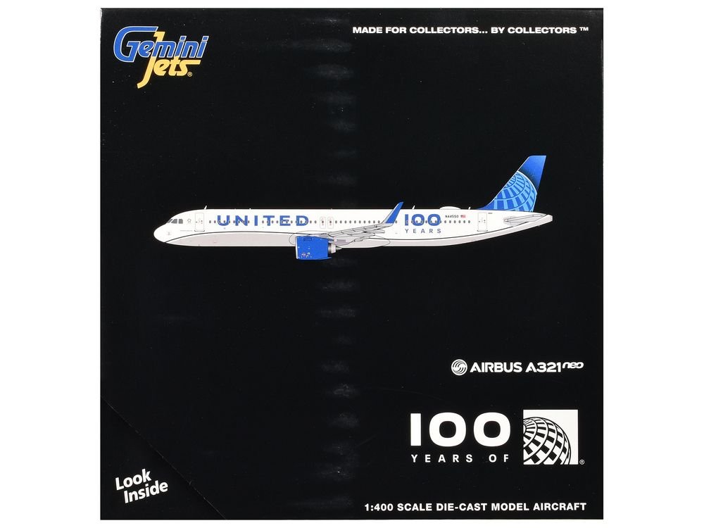 Airbus A321neo Commercial Aircraft "United Airlines 100 Years" (N44550) White with Blue Tail 1/400 Diecast Model Airplane by GeminiJets view 3
