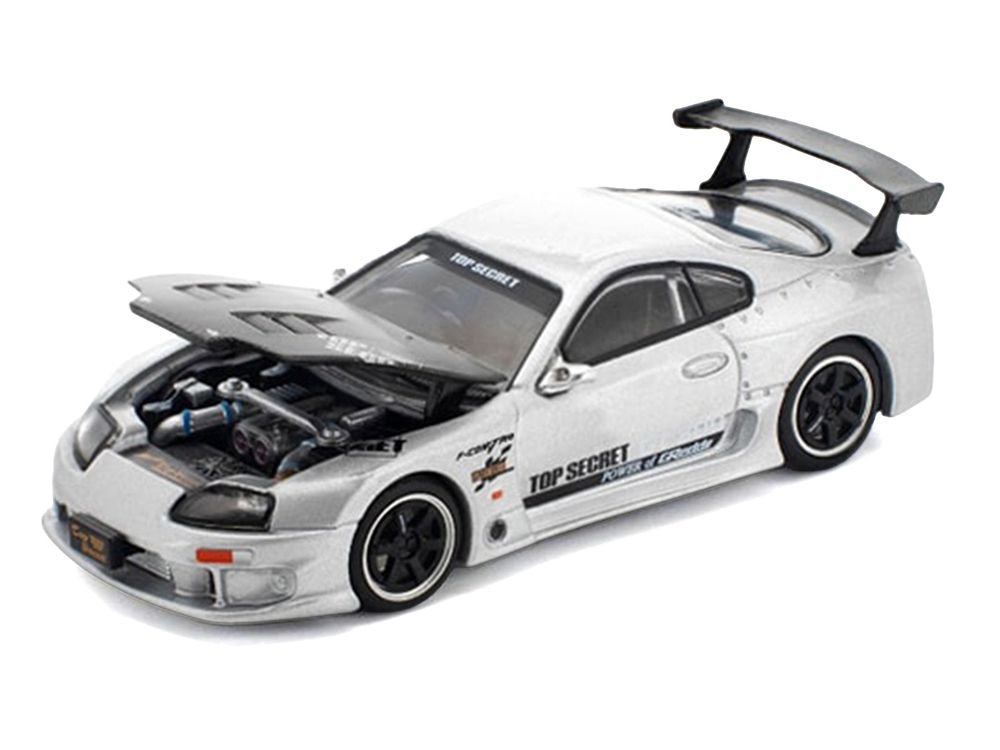 Toyota Supra "Top Secret" GT300 RHD (Right Hand Drive) Silver Metallic with Carbon Hood 1/64 Diecast Model Car by Pop Race view 2