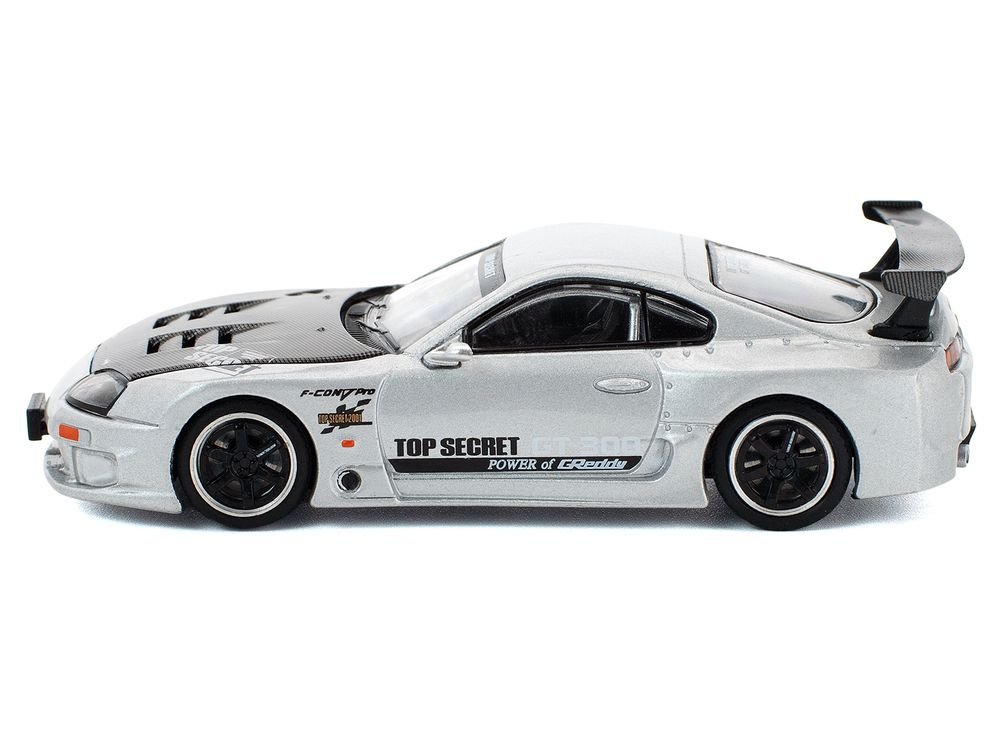 Toyota Supra "Top Secret" GT300 RHD (Right Hand Drive) Silver Metallic with Carbon Hood 1/64 Diecast Model Car by Pop Race view 3