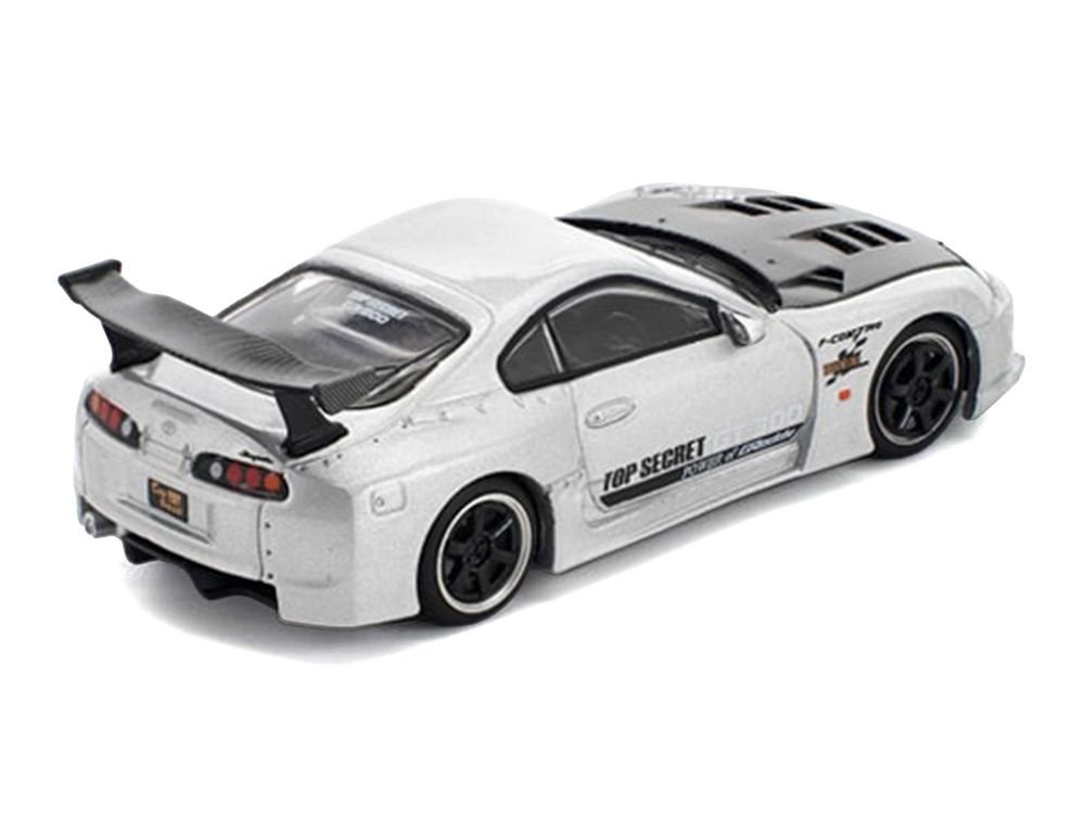 Toyota Supra "Top Secret" GT300 RHD (Right Hand Drive) Silver Metallic with Carbon Hood 1/64 Diecast Model Car by Pop Race view 4