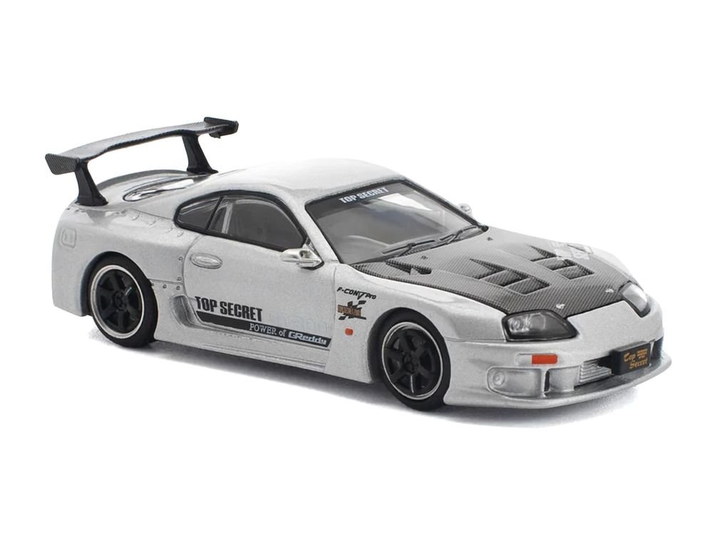 Toyota Supra "Top Secret" GT300 RHD (Right Hand Drive) Silver Metallic with Carbon Hood 1/64 Diecast Model Car by Pop Race view 5