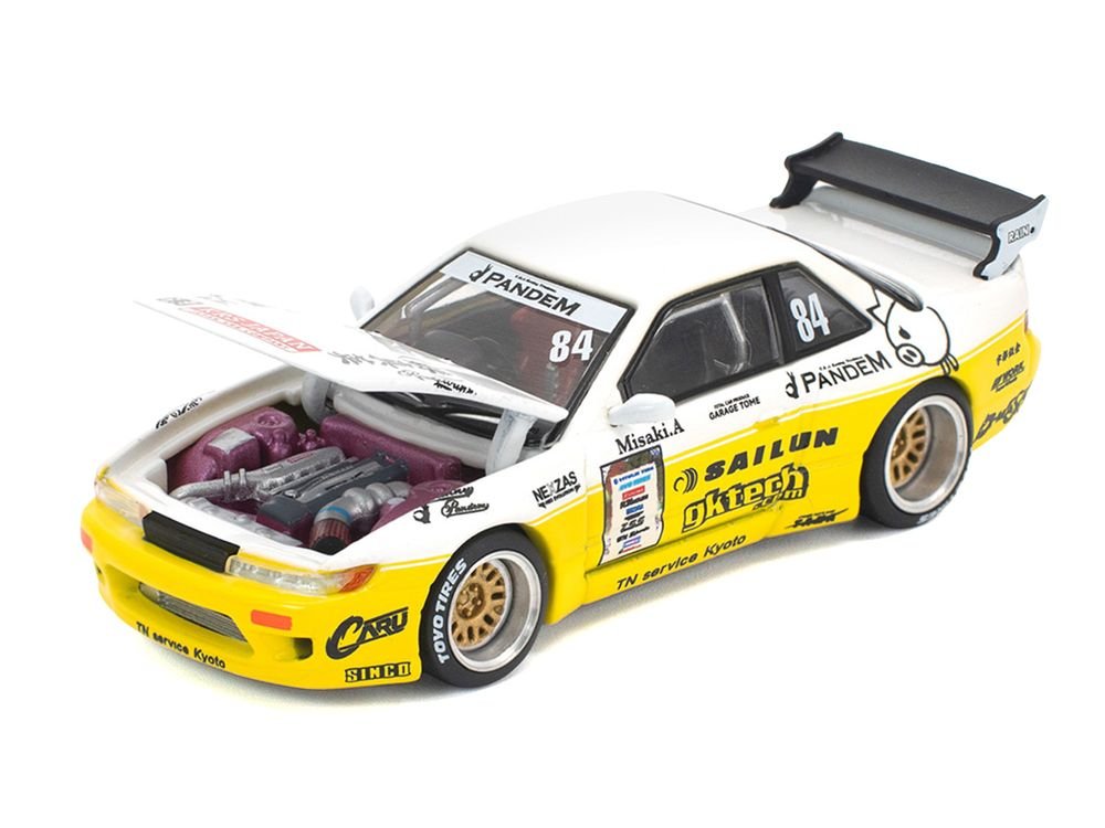 Pandem S13 RHD (Right Hand Drive) #84 White and Yellow with Graphics 1/64 Diecast Model Car by Pop Race view 2
