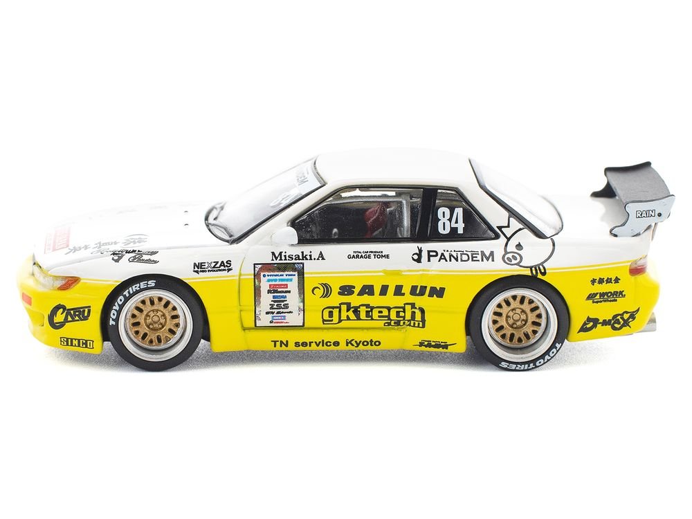 Pandem S13 RHD (Right Hand Drive) #84 White and Yellow with Graphics 1/64 Diecast Model Car by Pop Race view 3
