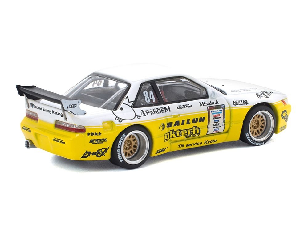 Pandem S13 RHD (Right Hand Drive) #84 White and Yellow with Graphics 1/64 Diecast Model Car by Pop Race view 4