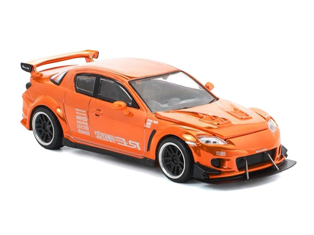 Mazda RX8 RE-Amemiya Widebody RHD (Right Hand Drive) Orange Chrome 1/64 Diecast Model Car by Pop Race view 2