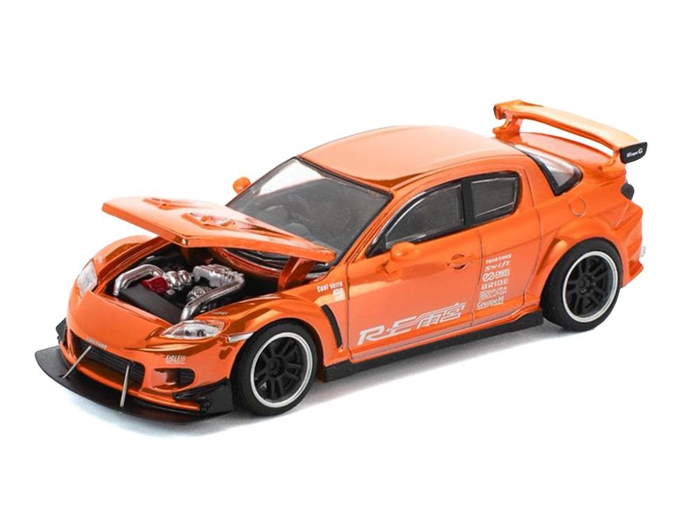 Mazda RX8 RE-Amemiya Widebody RHD (Right Hand Drive) Orange Chrome 1/64 Diecast Model Car by Pop Race view 3