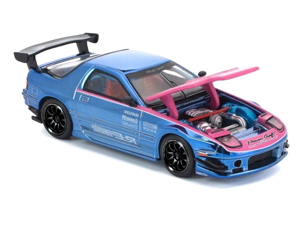 Mazda RX7 (FC3S) RE Amemiya RHD (Right Hand Drive) Blue Chrome with Pink Hood "Street 7 Chrome" 1/64 Diecast Model Car by Pop Race view 2
