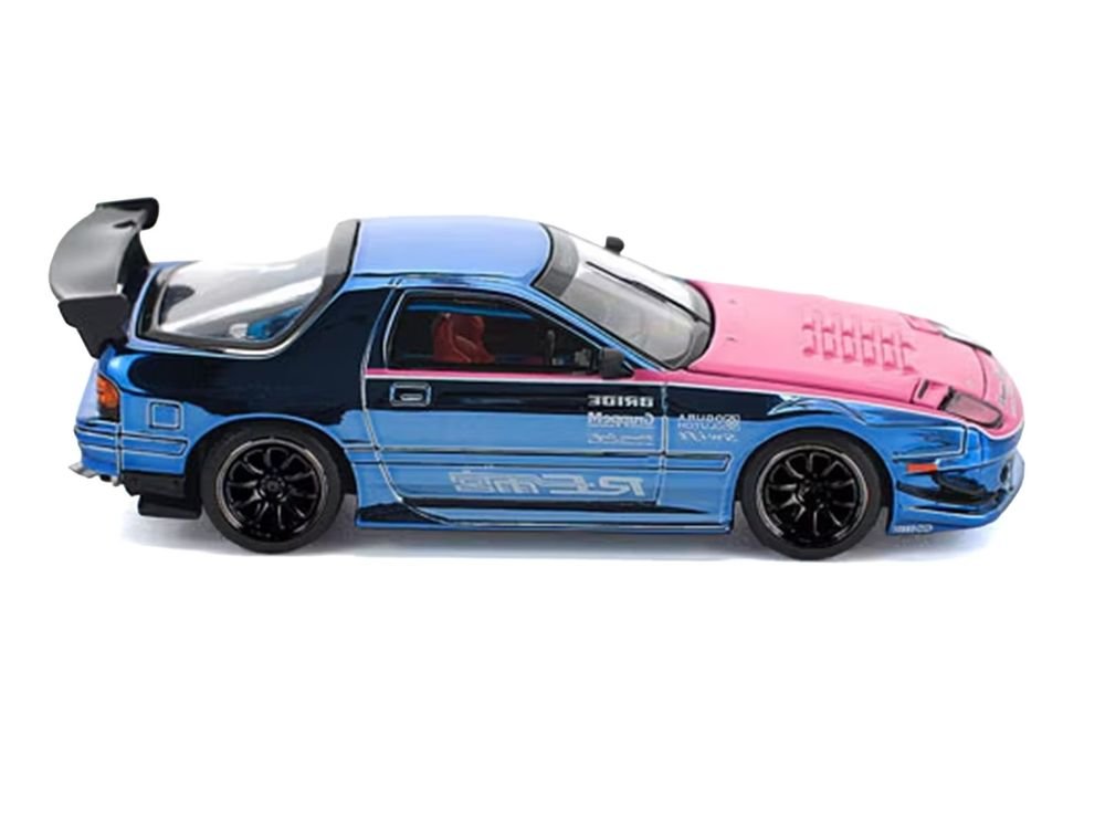 Mazda RX7 (FC3S) RE Amemiya RHD (Right Hand Drive) Blue Chrome with Pink Hood "Street 7 Chrome" 1/64 Diecast Model Car by Pop Race view 3