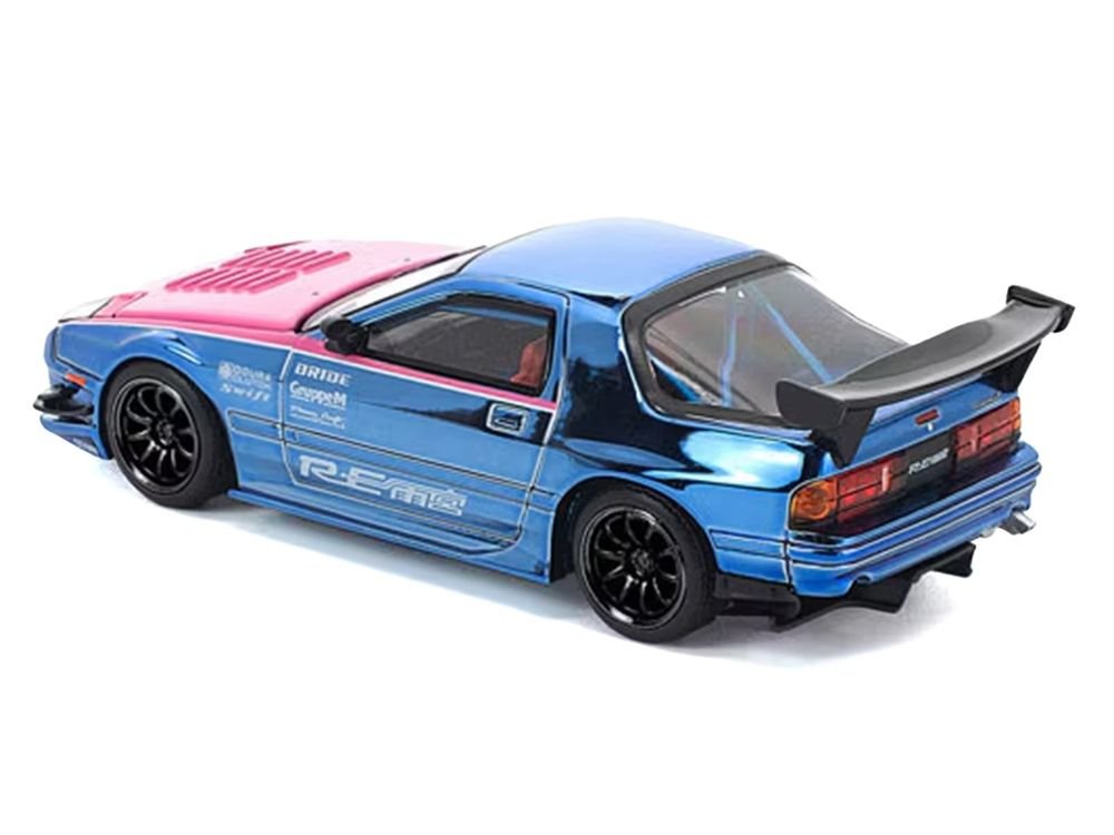 Mazda RX7 (FC3S) RE Amemiya RHD (Right Hand Drive) Blue Chrome with Pink Hood "Street 7 Chrome" 1/64 Diecast Model Car by Pop Race view 4