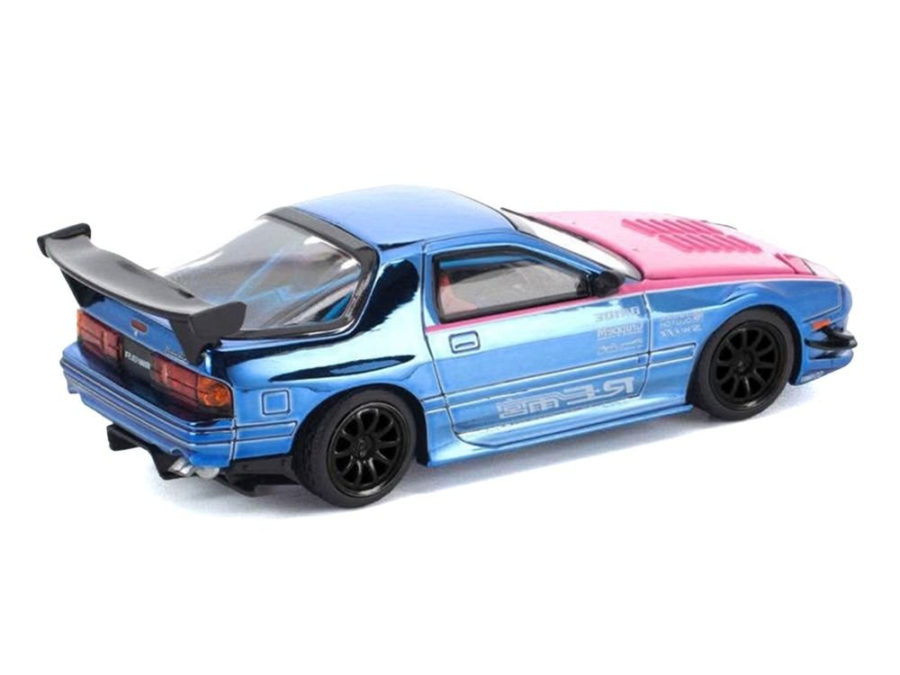 Mazda RX7 (FC3S) RE Amemiya RHD (Right Hand Drive) Blue Chrome with Pink Hood "Street 7 Chrome" 1/64 Diecast Model Car by Pop Race view 5