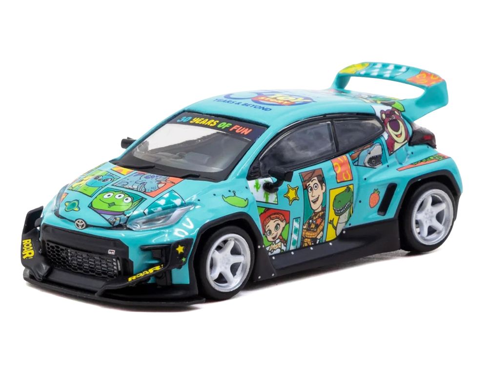 Toyota Pandem GR Yaris RHD (Right Hand Drive) "Toy Story 30th Anniversary" Blue with Graphics with Tarmac Cards "Hobby64" Series 1/64 Diecast Model by Tarmac Works view 2