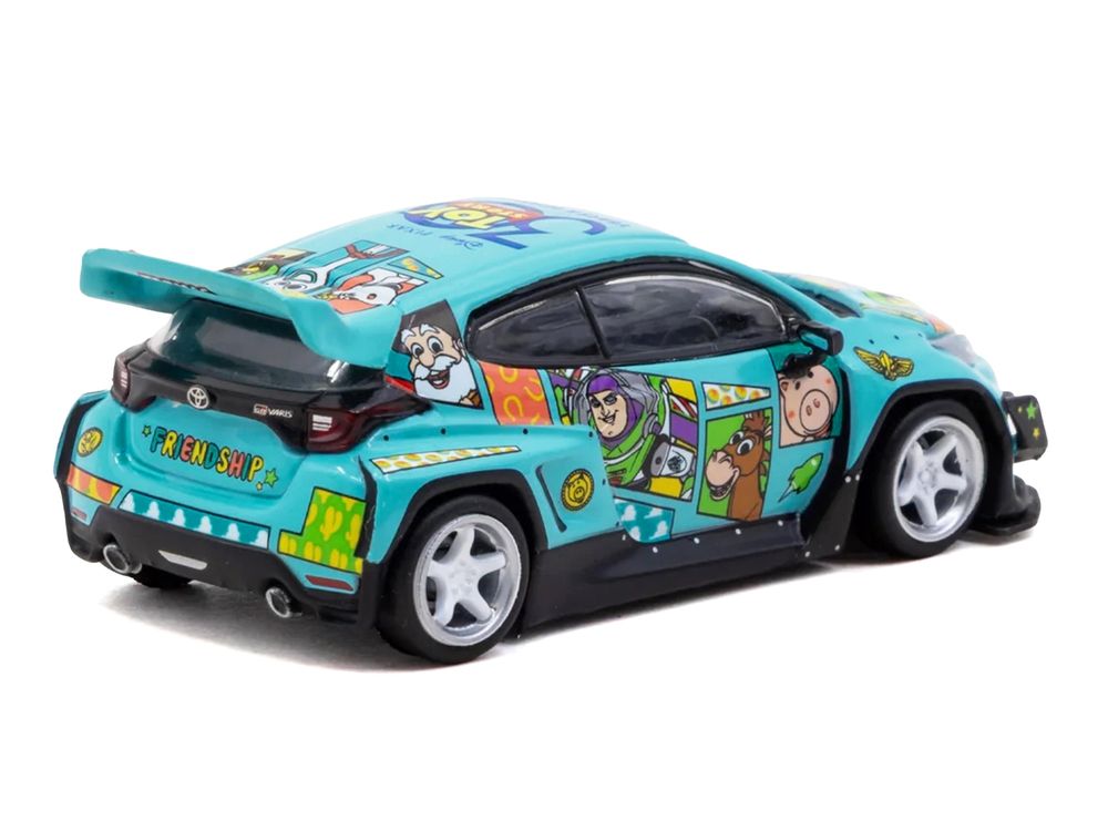 Toyota Pandem GR Yaris RHD (Right Hand Drive) "Toy Story 30th Anniversary" Blue with Graphics with Tarmac Cards "Hobby64" Series 1/64 Diecast Model by Tarmac Works view 3