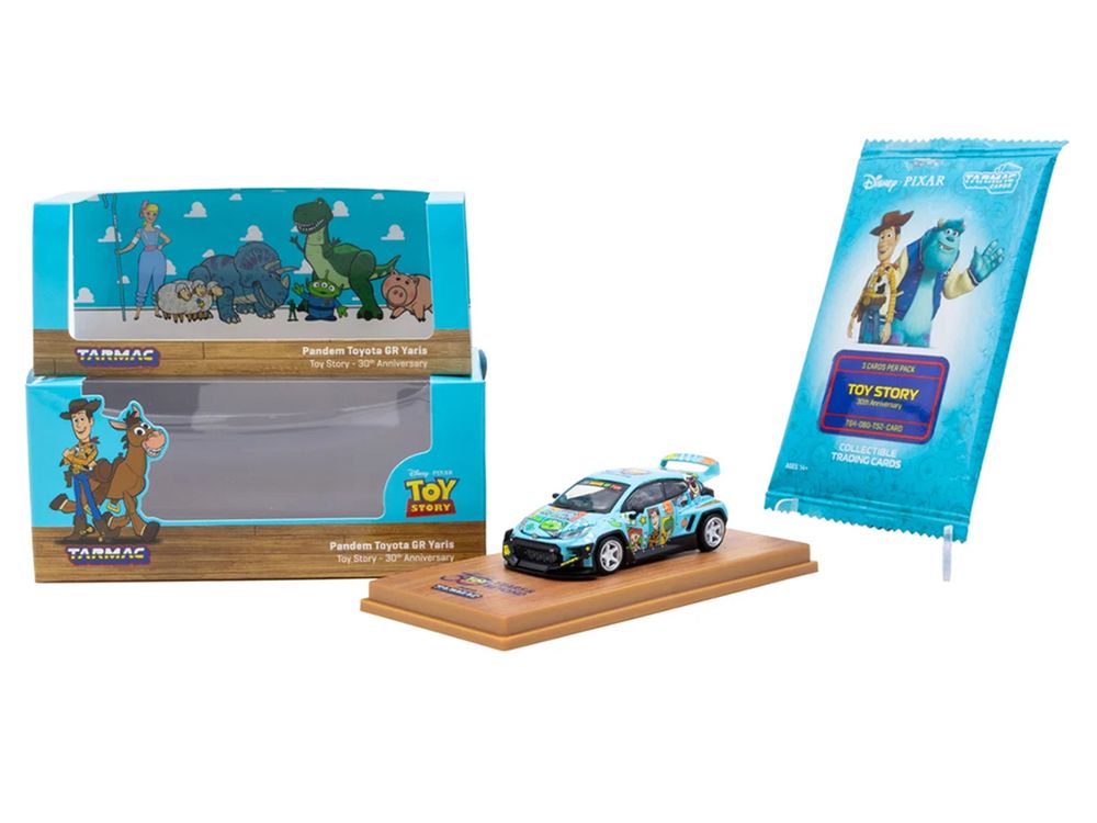 Toyota Pandem GR Yaris RHD (Right Hand Drive) "Toy Story 30th Anniversary" Blue with Graphics with Tarmac Cards "Hobby64" Series 1/64 Diecast Model by Tarmac Works view 4