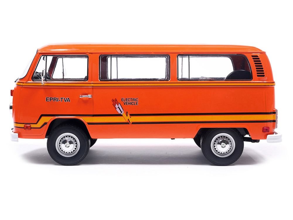1978 Volkswagen Type 2 Bus "Elektrotransporter" Orange with Yellow Stripes 1/18 Diecast Model by IXO Models view 2