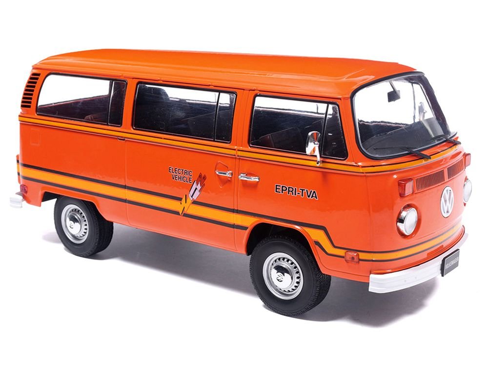 1978 Volkswagen Type 2 Bus "Elektrotransporter" Orange with Yellow Stripes 1/18 Diecast Model by IXO Models view 3