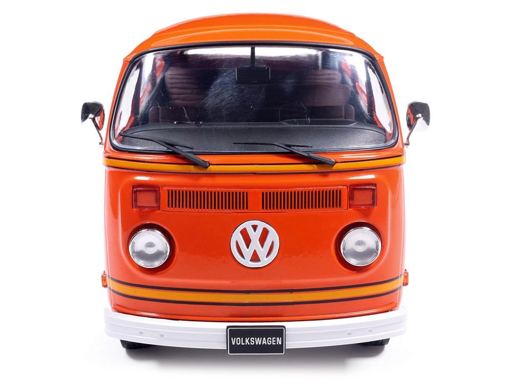 1978 Volkswagen Type 2 Bus "Elektrotransporter" Orange with Yellow Stripes 1/18 Diecast Model by IXO Models view 4