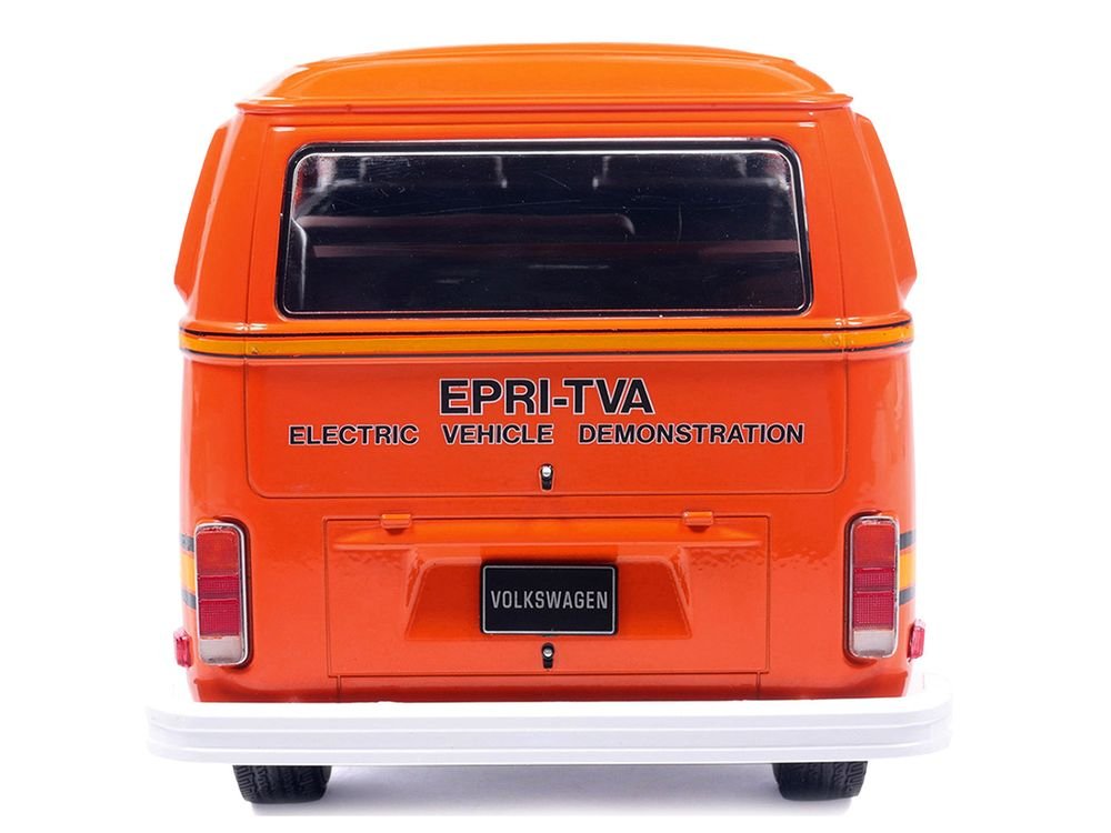 1978 Volkswagen Type 2 Bus "Elektrotransporter" Orange with Yellow Stripes 1/18 Diecast Model by IXO Models view 5