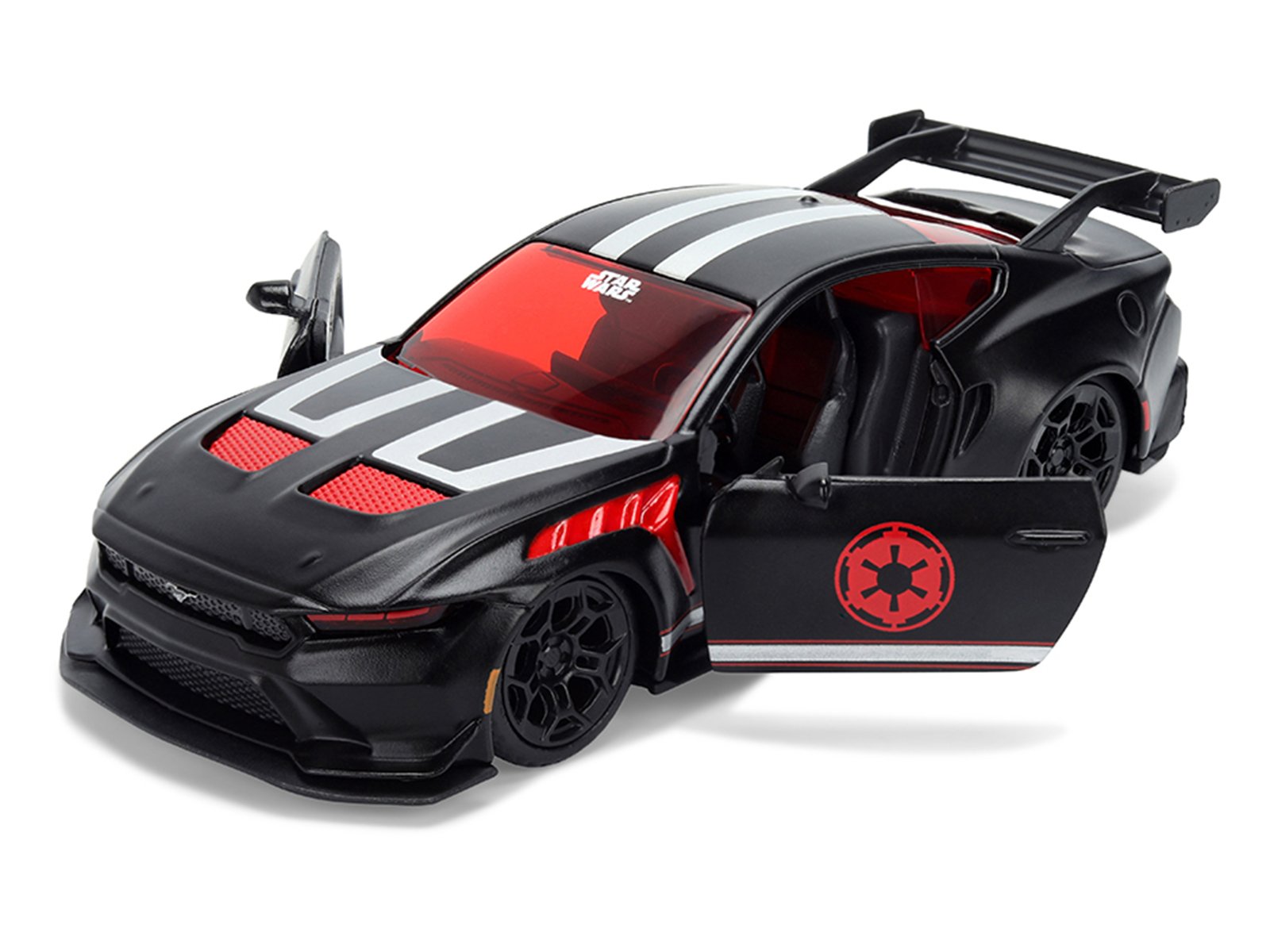 2025 Ford Mustang GTD "Darth Vader" Matt Black with Silver Stripes and Graphics "Star Wars" "Hollywood Rides" Series 1/32 Diecast Car Model by Jada view 2