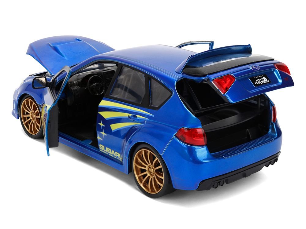 2012 Subaru Impreza WRX STI Blue Metallic with Yellow Graphics "JDM Tuners" Series 1/24 Diecast Car Model by Jada view 4
