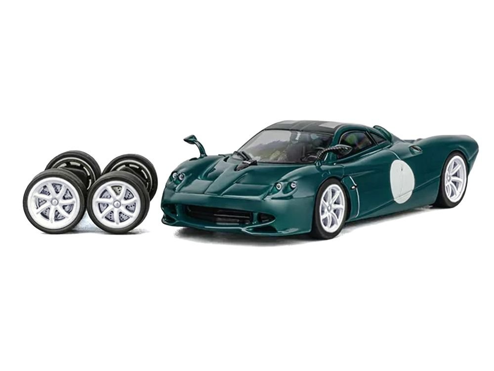 Pagani Huayra Codalunga Green with Sunroof and Extra Wheels 1/64 Diecast Model Car by CM Model view 2