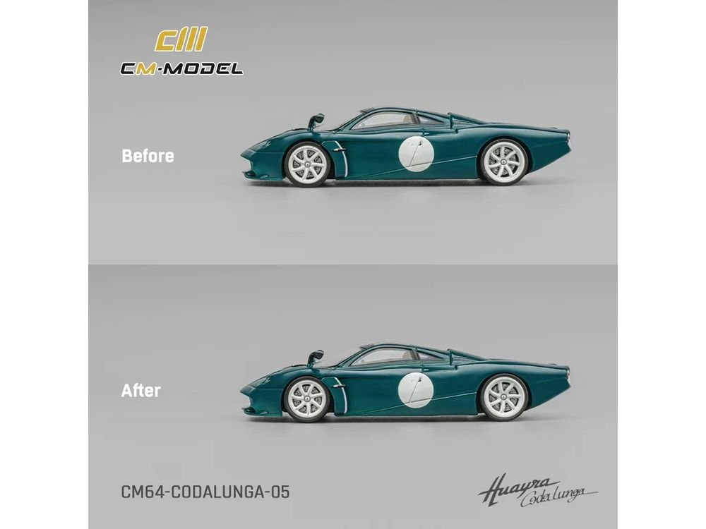 Pagani Huayra Codalunga Green with Sunroof and Extra Wheels 1/64 Diecast Model Car by CM Model view 4
