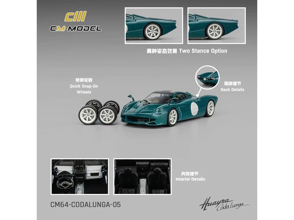 Pagani Huayra Codalunga Green with Sunroof and Extra Wheels 1/64 Diecast Model Car by CM Model view 5