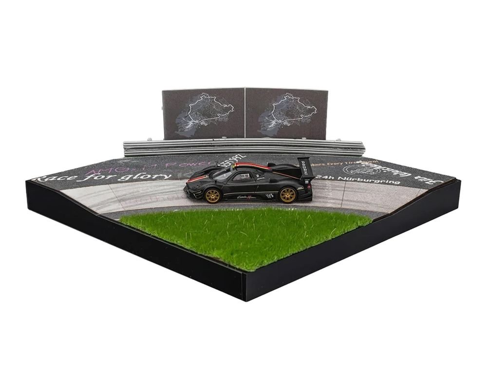 Nurburgring Diorama Set with Pagani Zonda Revolucion Carbon with Red and Gold Stripes and Extra Wheels 1/64 Diecast Model Car by CM Model view 3