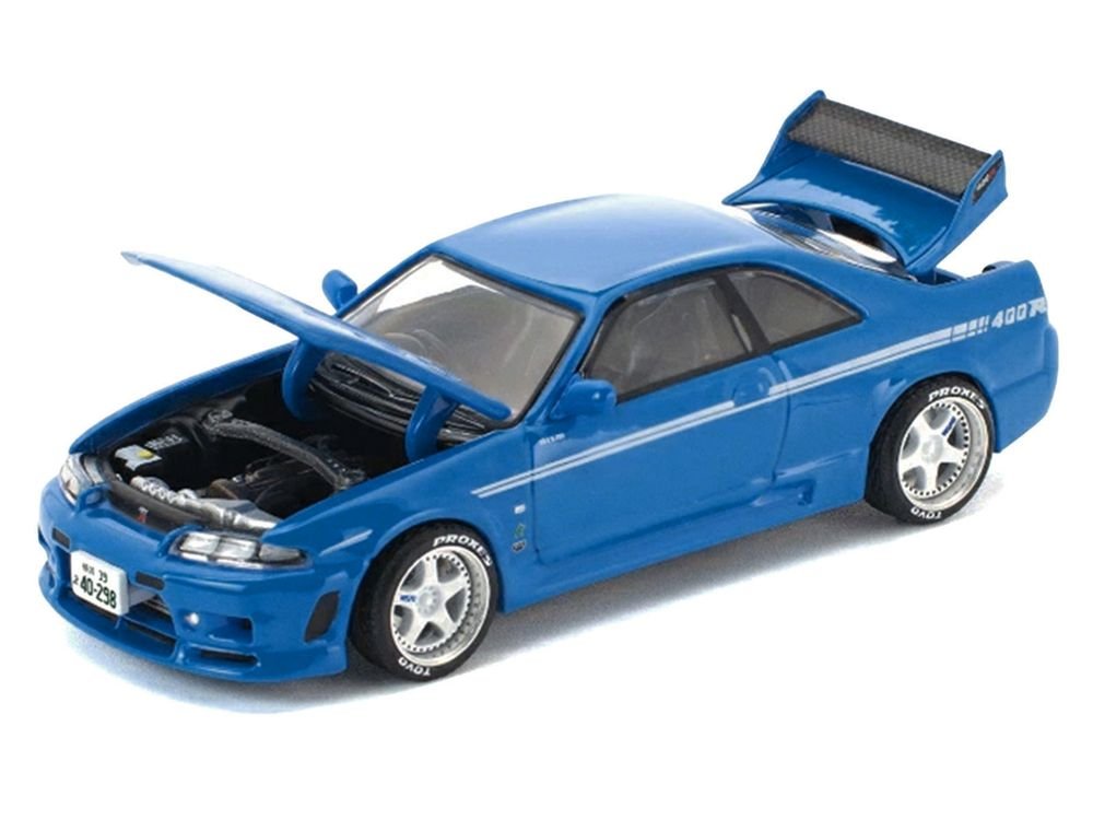 GT-R R33 400R RHD (Right Hand Drive) Champion Blue with White Stripes "Enigma Exclusive Edition" 1/64 Die Cast Model Car by Pop Race view 2