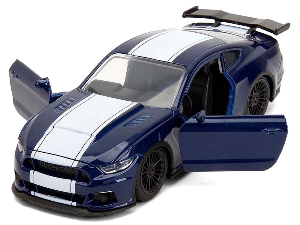 2016 Ford Mustang GT Dark Blue Metallic with White Stripe "F9" (2021) Movie "25 Years of Fast & Furious" Series 1/32 Diecast Model Car by Jada view 2