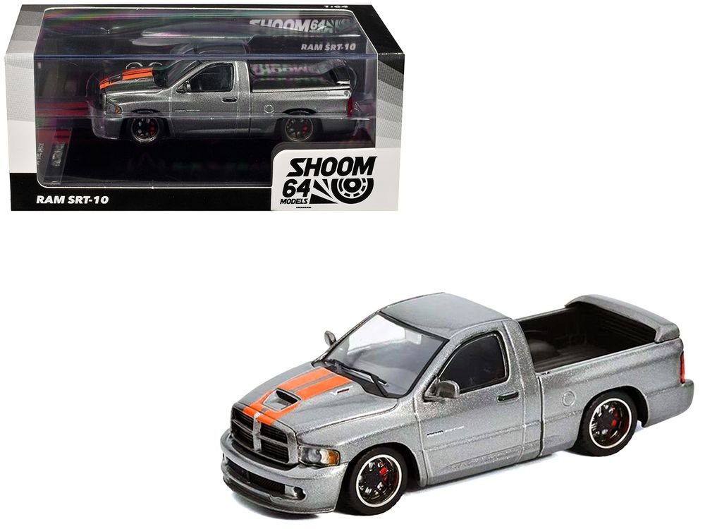 2003 Dodge Ram SRT-10 Pickup Truck Gray Metallic with Orange Stripes 1/64 Diecast Model Car by Shoom64 Models