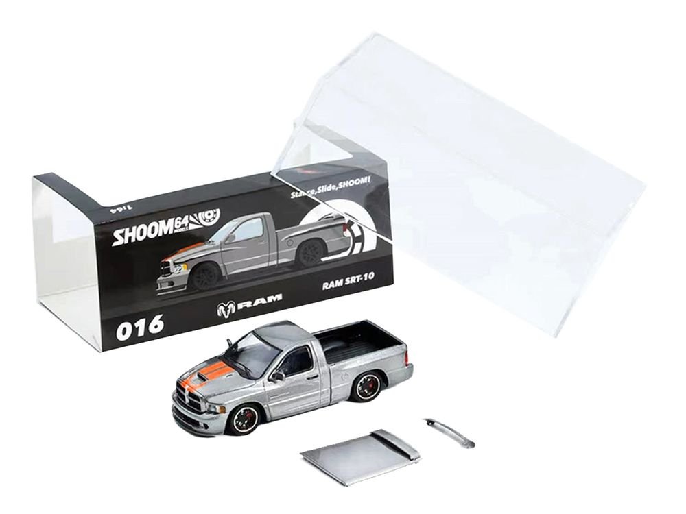 2003 Dodge Ram SRT-10 Pickup Truck Gray Metallic with Orange Stripes 1/64 Diecast Model Car by Shoom64 Models view 5