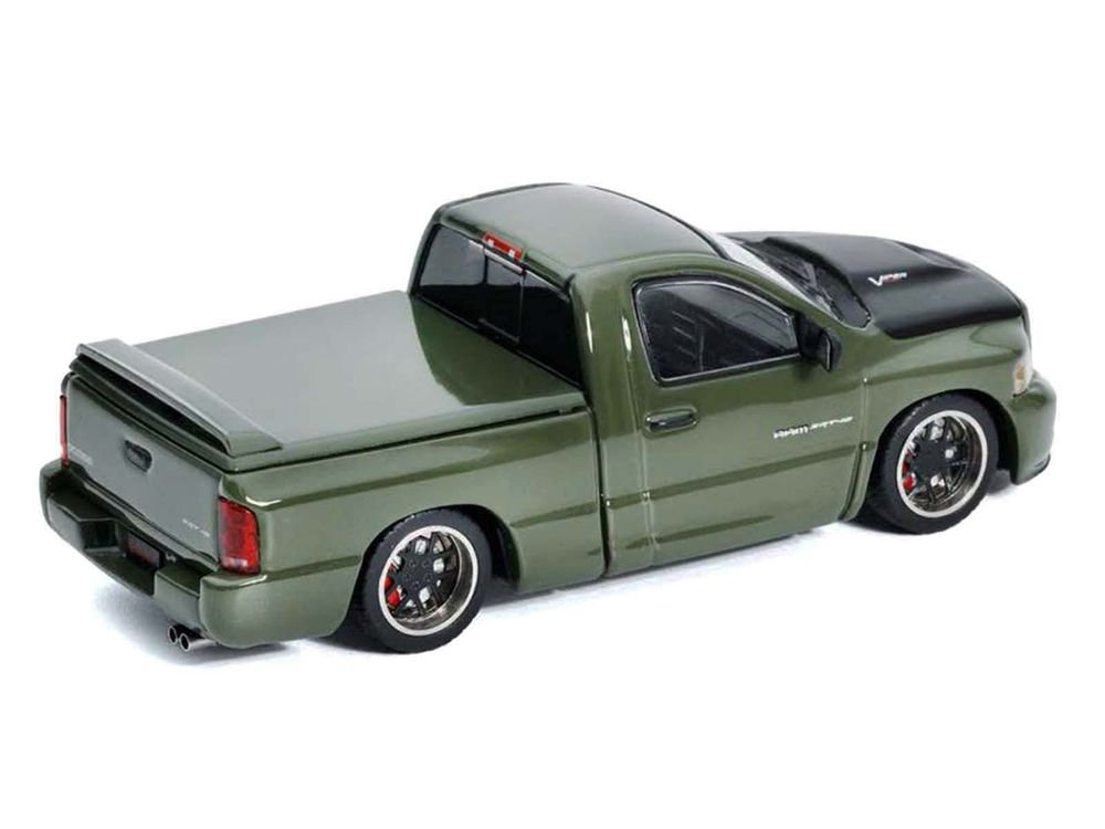 2003 Dodge Ram SRT-10 Pickup Truck Green Metallic with Matt Black Hood 1/64 Diecast Model Car by Shoom64 Models view 2