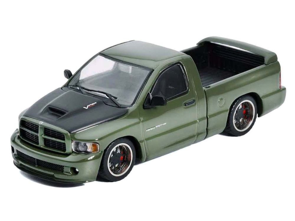 2003 Dodge Ram SRT-10 Pickup Truck Green Metallic with Matt Black Hood 1/64 Diecast Model Car by Shoom64 Models view 3