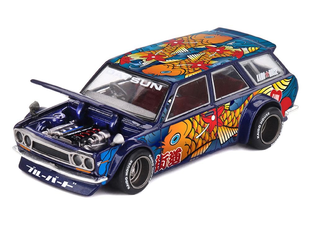 Datsun Kaido 510 Wagon RHD (Right Hand Drive) "Koi Wagon V1" Blue with Koi Fish Graphics (Designed by Jun Imai) "Kaido House" Special 1/64 Diecast Model Car by Mini GT view 2