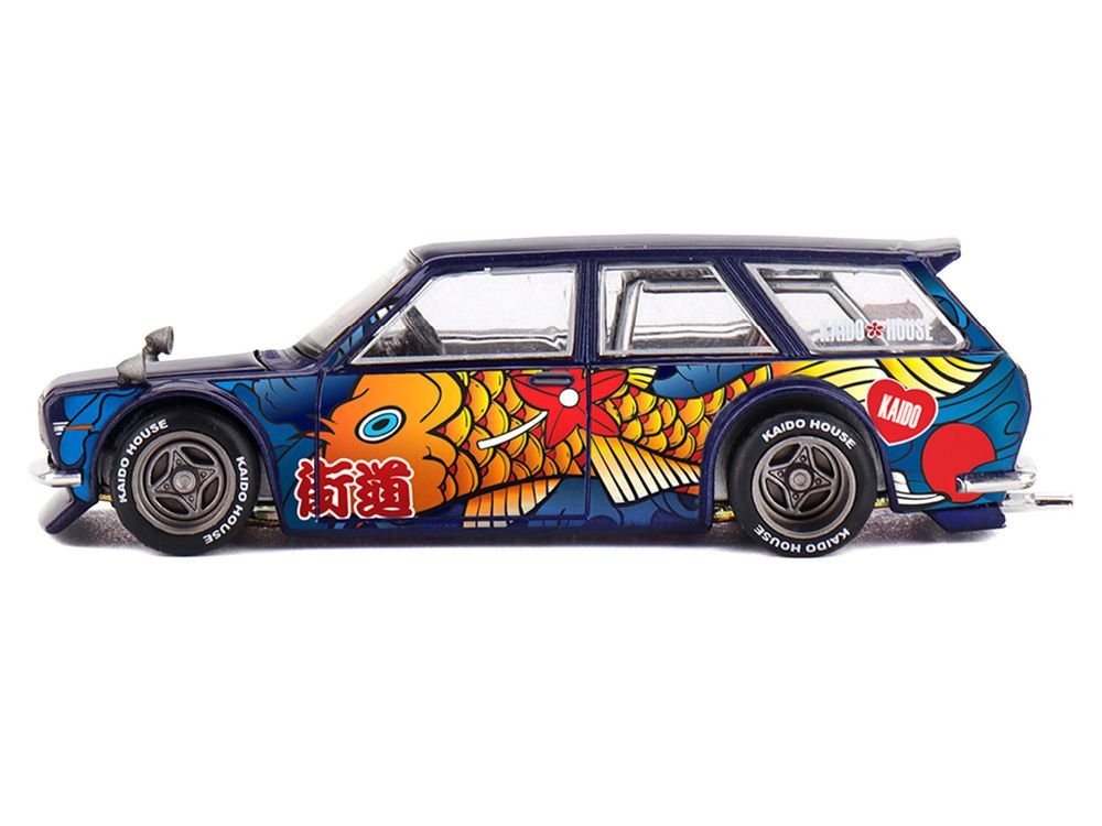 Datsun Kaido 510 Wagon RHD (Right Hand Drive) "Koi Wagon V1" Blue with Koi Fish Graphics (Designed by Jun Imai) "Kaido House" Special 1/64 Diecast Model Car by Mini GT view 3