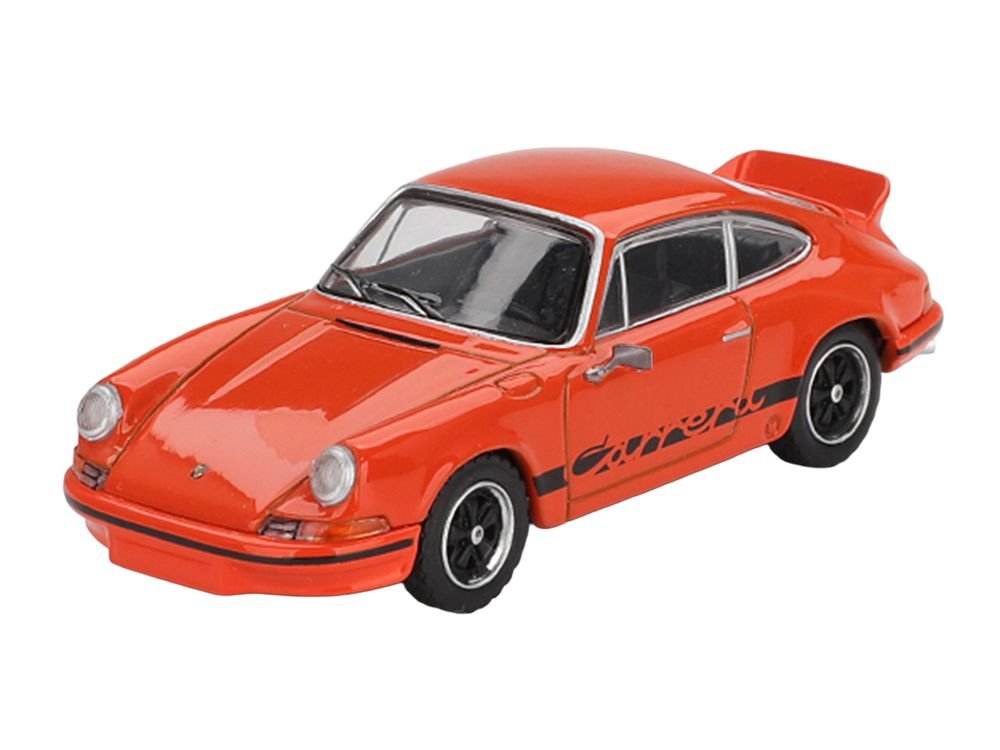 Porsche 911 Carrera RS 2.7 Tangerine with Black Stripes Limited Edition 1/64 Diecast Model Car by Mini GT view 2