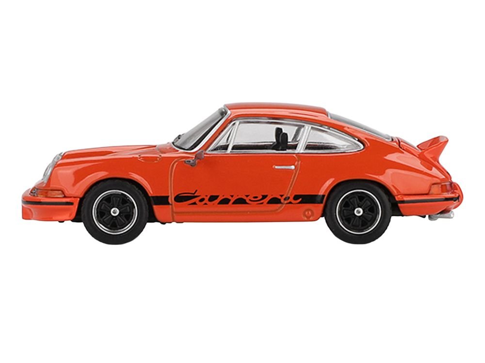 Porsche 911 Carrera RS 2.7 Tangerine with Black Stripes Limited Edition 1/64 Diecast Model Car by Mini GT view 3