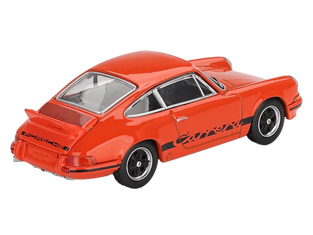 Porsche 911 Carrera RS 2.7 Tangerine with Black Stripes Limited Edition 1/64 Diecast Model Car by Mini GT view 4